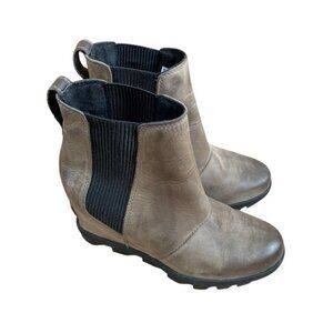 Sorel Womens Joan rhapsody Leather Wedge Ankle Boots Size 5 Gray Brown Chelsea